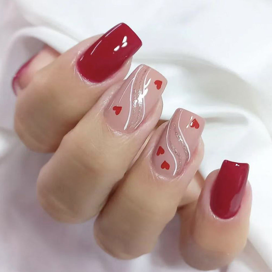 Charming Romance Short Square Red and Beige Press On Nail Set with Heart Accents
