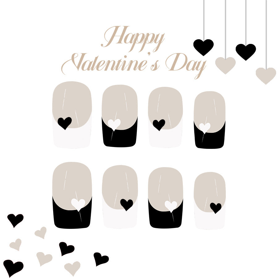 Valentine's Day Romance Short Square Beige and Black Press on Nail Set with Heart Accent Design