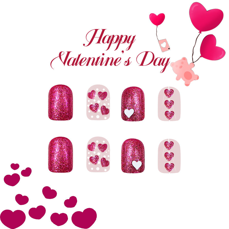Sweetheart Sparkle Press-On Nail Set in Short Length Square Shape Shimmering Pink with Heart Designs