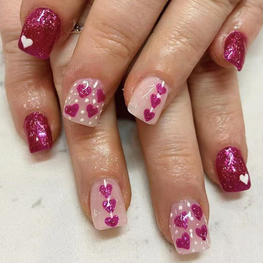 Romantic Charm Short Square Pink with Heart Accent Press On Nail Set