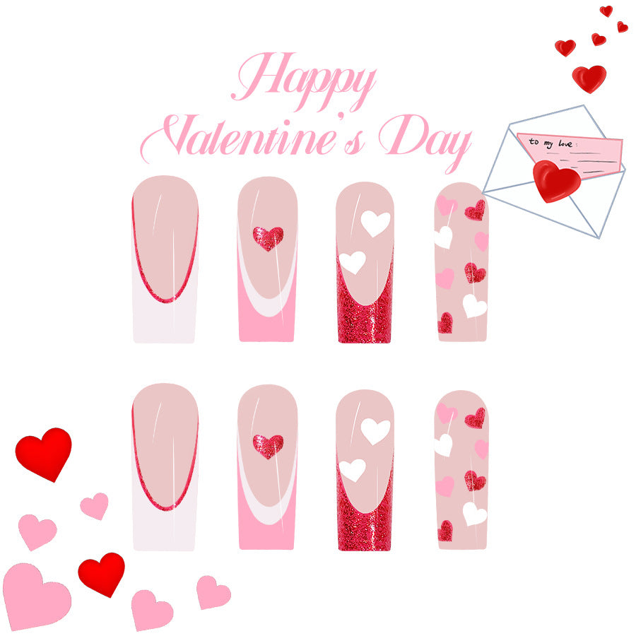 Love-Infused Long Square Pink Press-On Nail Set with Heart and Glitter Accents