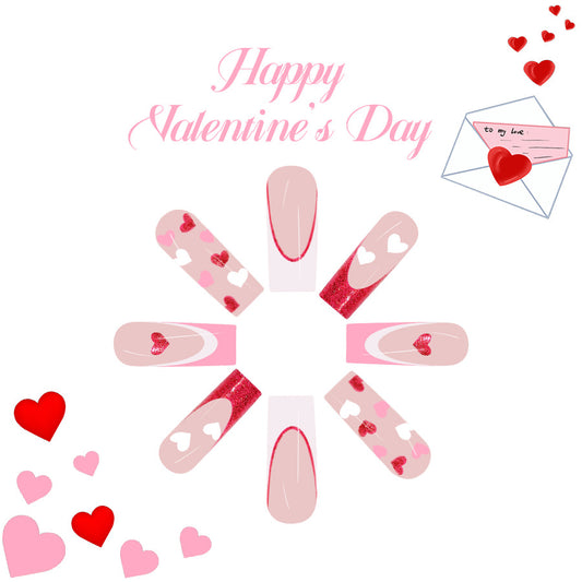 Romantic Hearts Long Square Pink Press On Nail Set with Dazzling Glitter and Charming Love Designs