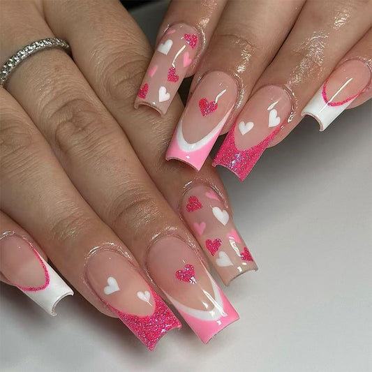 Romantic Heart Theme Long Square Pink Press On Nail Set Featuring Dazzling Glitter and Cute Love Hearts