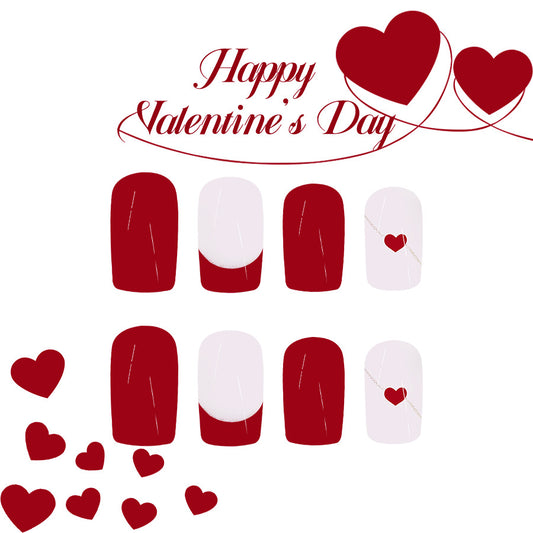 Romantic Love Inspired Short Square Red and White Press On Nail Set with Heart Accents