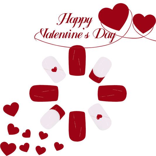 Romantic Hearts Short Square Red and White Nail Set with Charming Heart Design