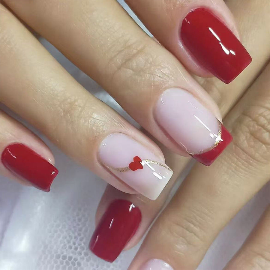 Romantic Elegance Short Square Red and Soft Pink Ombre Nail Set with Heart Detail