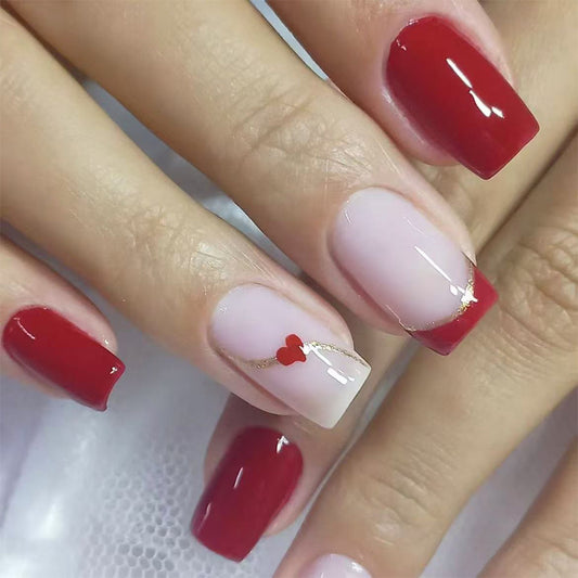 Romantic Elegance Short Square Red and Soft Pink Ombre Nail Set with Heart Detail