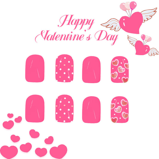 Romantic Vibes Press-On Nail Set Short Square Bright Pink with Heart and Polka Dot Designs