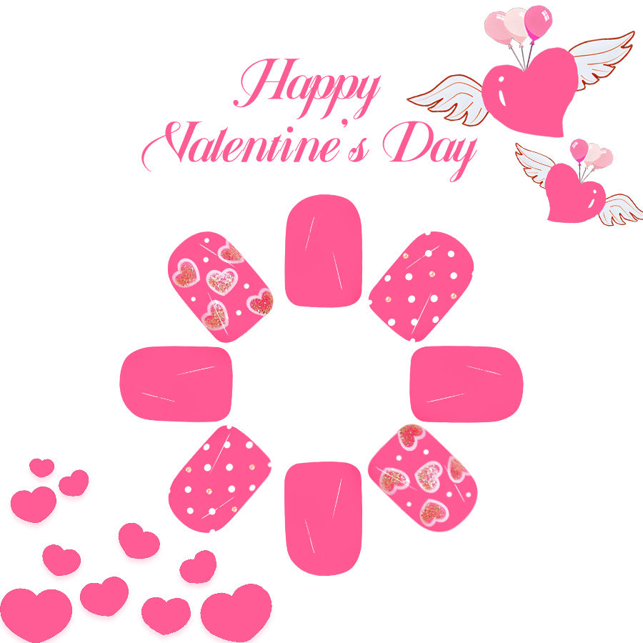 Romantic Heartfelt Press On Nail Set Short Square Bright Pink with Cute Heart and Polka Dot Designs