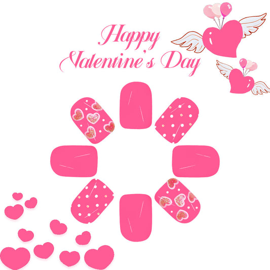 Romantic Heartfelt Press On Nail Set Short Square Bright Pink with Cute Heart and Polka Dot Designs