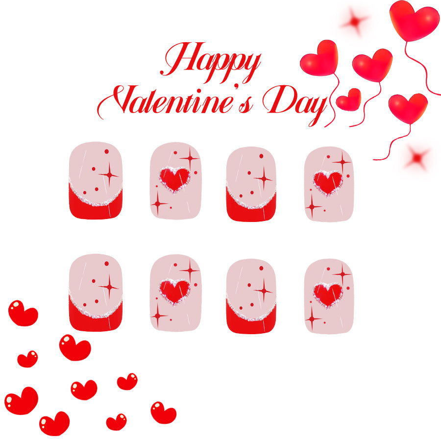 Love Inspired Heartfelt Red Press On Nail Set with Short Square Shape and Classic Pink Base Featuring Sparkling Heart Design