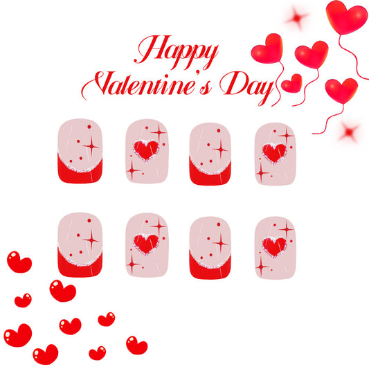 Love Inspired Heartfelt Red Press On Nail Set with Short Square Shape and Classic Pink Base Featuring Sparkling Heart Design