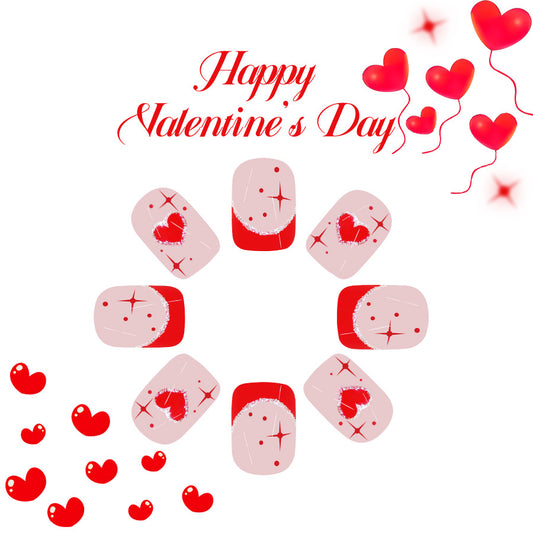 Romantic Red Heart Shaped Short Square Length Press On Nail Set with Sparkling Accents