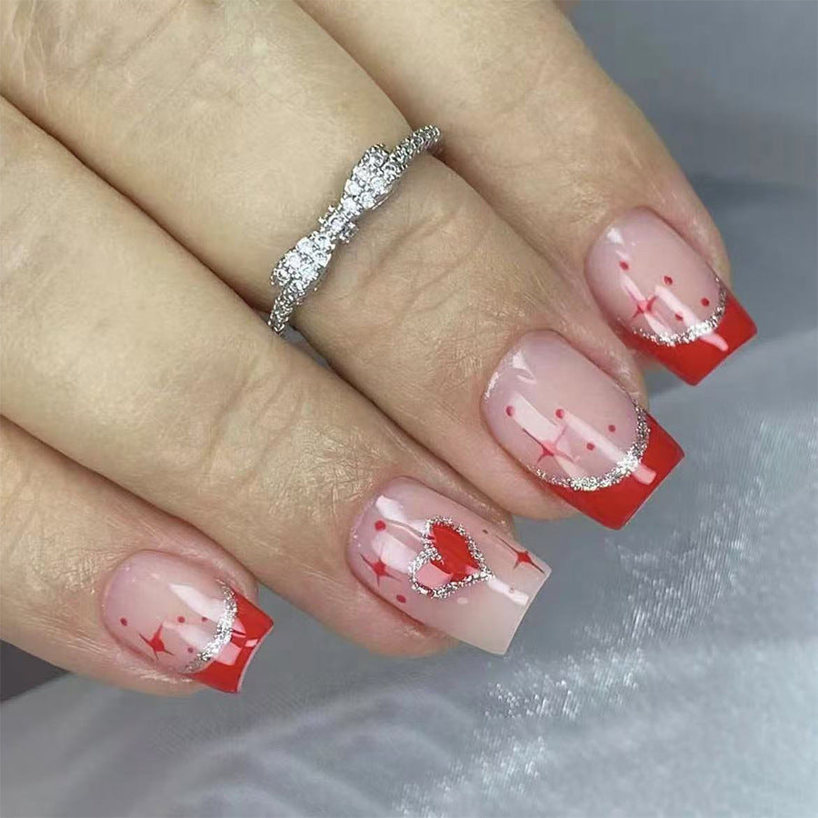 Charming Heartfelt Expression Short Square Red and Clear Press On Nail Set with Glitter Accents