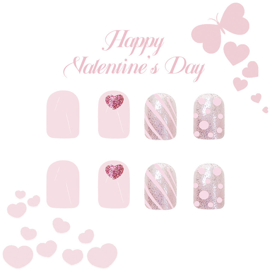 Sweetheart Collection Press On Nail Set in Short Square Length Soft Pink with Heart and Glitter Accents