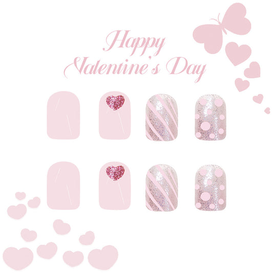 Sweetheart Collection Press On Nail Set in Short Square Length Soft Pink with Heart and Glitter Accents