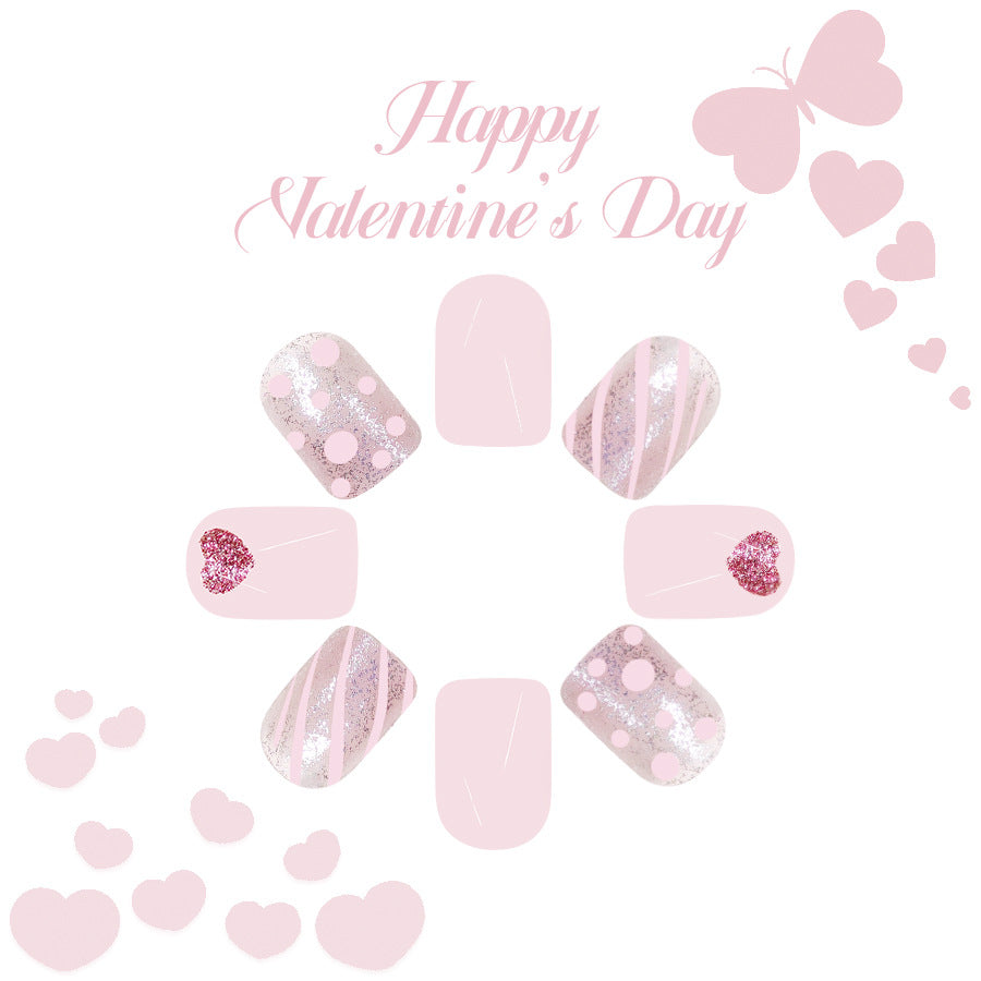 Romantic Elegance Press On Nail Set in Short Square Pink with Sparkling Hearts and Dazzling Glitter