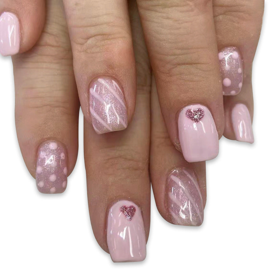 Sweetheart Inspiration Short Square Pink Press-On Nail Set with Glitter Heart Accents and Charming Patterns