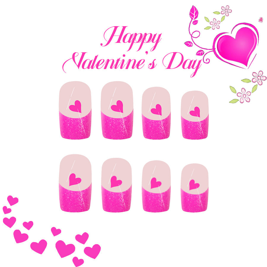Romantic Hearts Medium Square Pink Glitter Press On Nail Set with Cute Heart Design