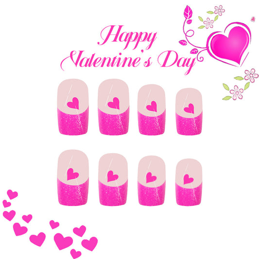 Romantic Hearts Medium Square Pink Glitter Press On Nail Set with Cute Heart Design