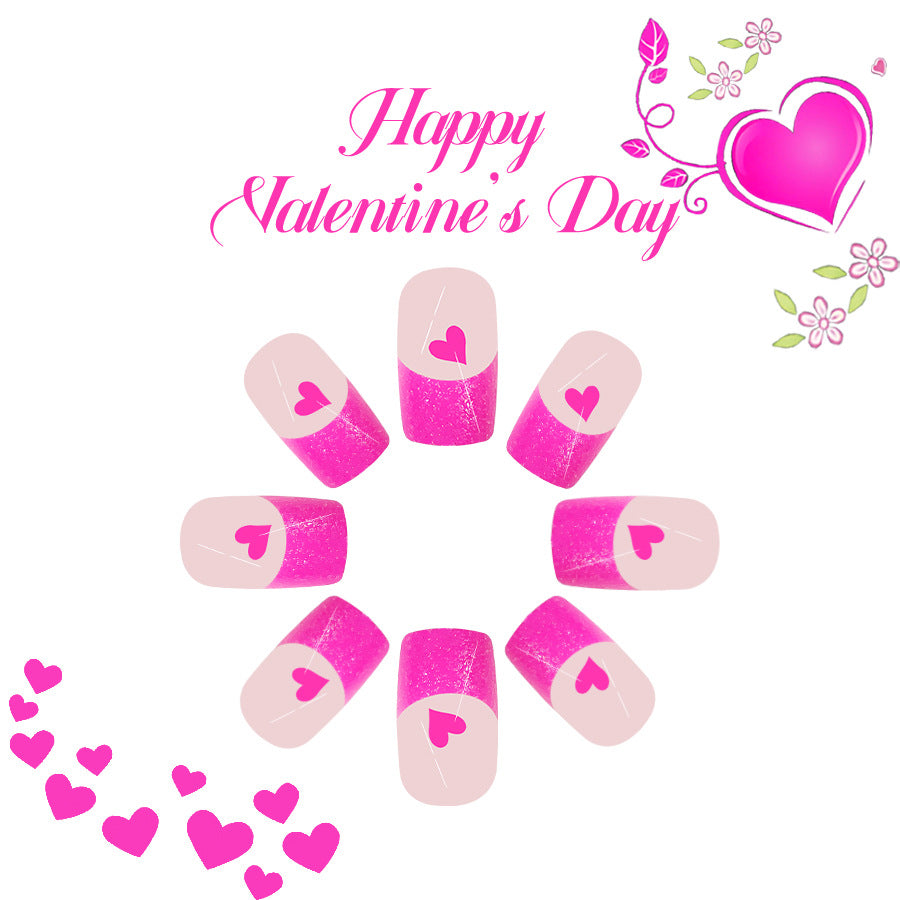 Lively Valentine Love Theme Short Square Pink with Heart Accent Press-On Nail Set