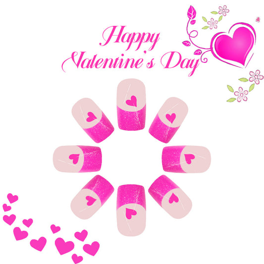Lively Valentine Love Theme Short Square Pink with Heart Accent Press-On Nail Set