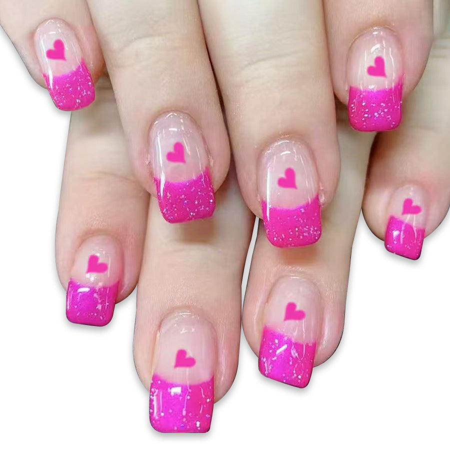 Charming Love Theme Medium Square Pink Glitter Gradient Press On Nail Set with Heart Detail