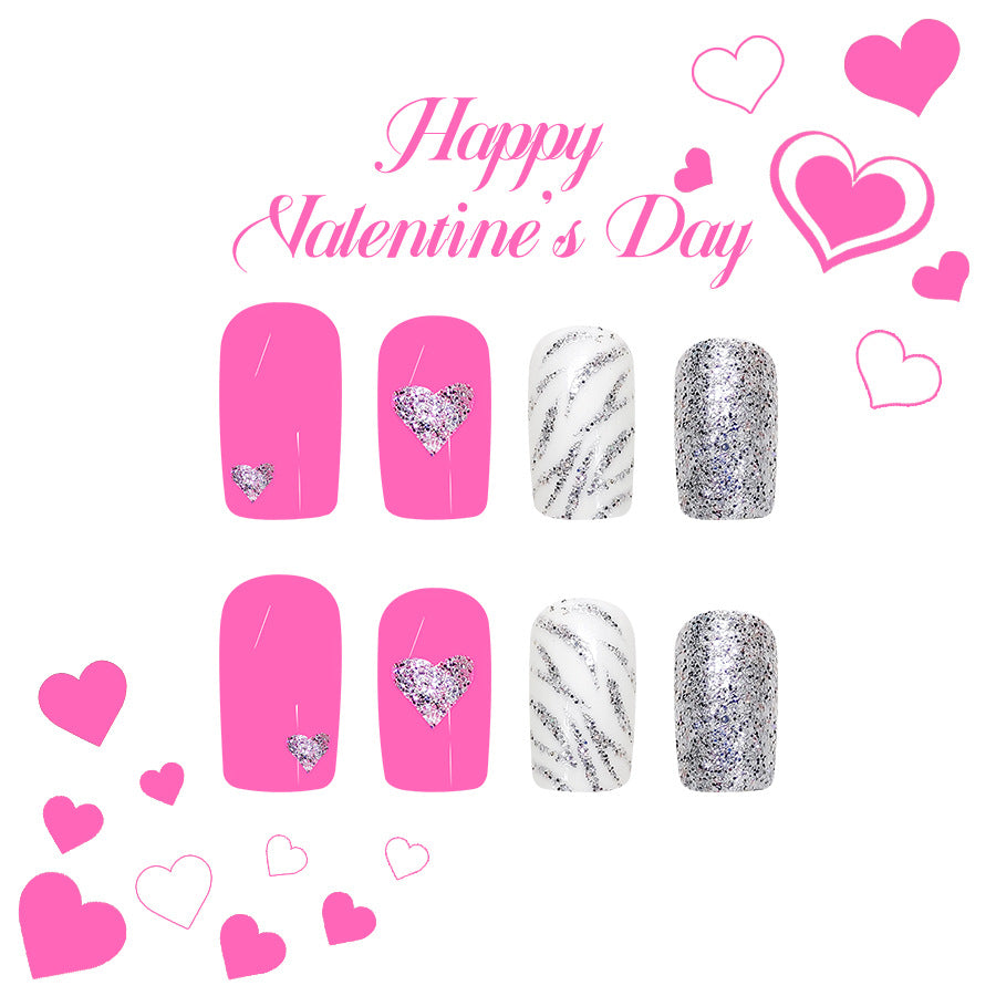 Valentine's Day Glamour Medium Square Pink with Heart Accents and Sparkling Silver Highlights Press On Nail Set