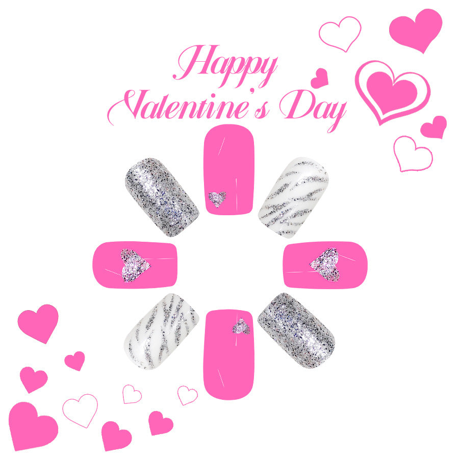 Valentine Celebration Medium Square Pink and White with Sparkling Heart Accents Press-On Nail Set