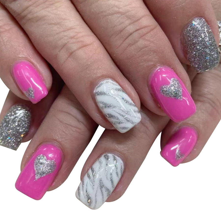 Heartfelt Glamour Medium Square Pink and White with Silver Glitter Design Press On Nail Set