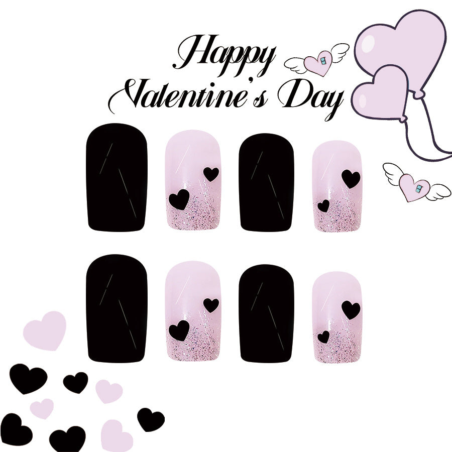 Romantic Essence Short Square Pink and Black Heart Glitter Press On Nail Set