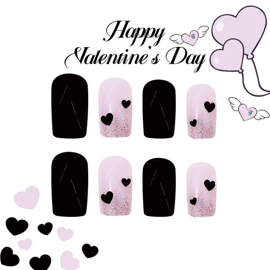 Romantic Essence Short Square Pink and Black Heart Glitter Press On Nail Set