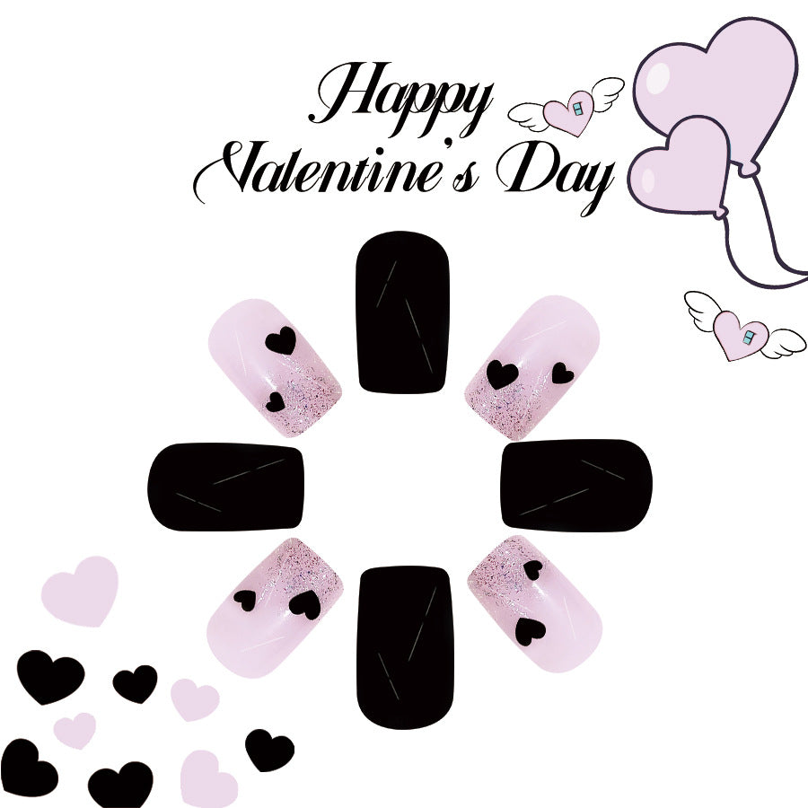 Romantic Heartfelt Kiss Press On Nail Set Short Square Light Pink and Black with Glittery Heart Accents