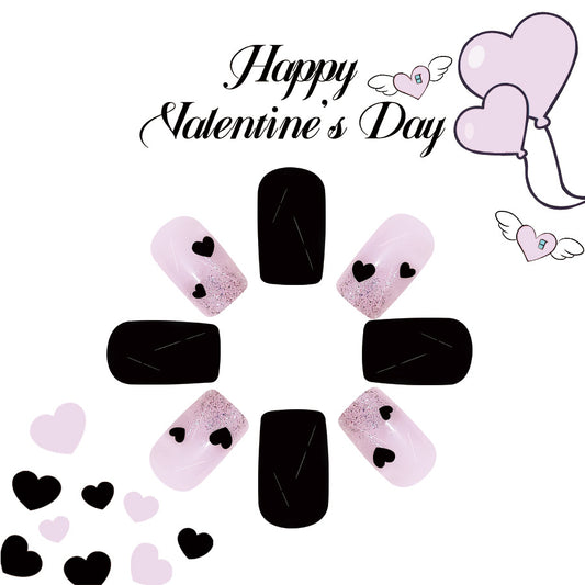 Romantic Heartfelt Kiss Press On Nail Set Short Square Light Pink and Black with Glittery Heart Accents