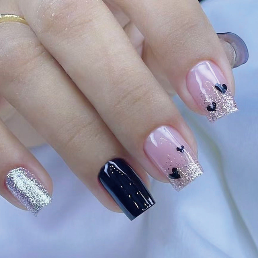 Charming Love Theme Elegant Short Square Press On Nail Set Colorful Glittering Finish with Heart Accents