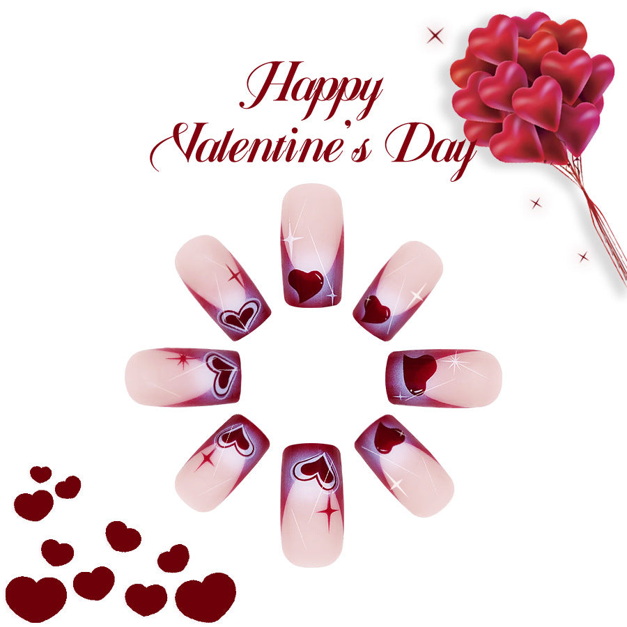 Romantic Hearts Medium Square Pink and Burgundy Press-On Nail Set with Sparkling Design for Valentine’s Day