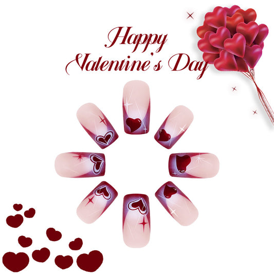 Romantic Hearts Medium Square Pink and Burgundy Press-On Nail Set with Sparkling Design for Valentine’s Day
