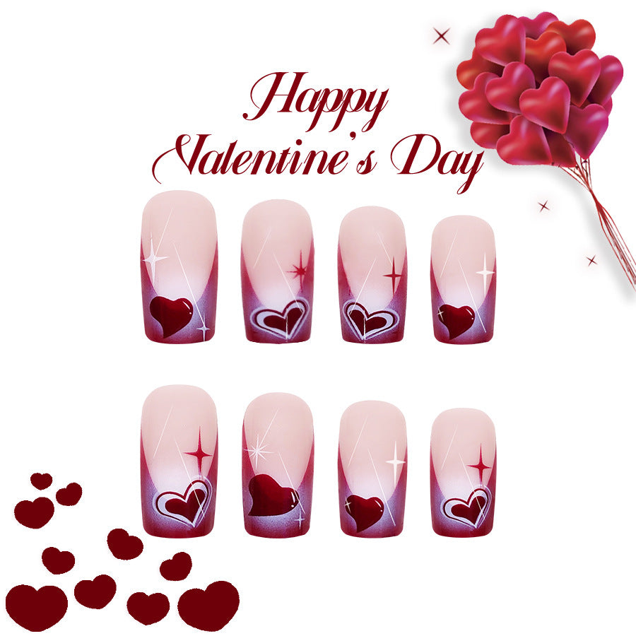 Love Inspired Medium Square Press On Nail Set in Romantic Red with Heart Designs and Shimmering Accents
