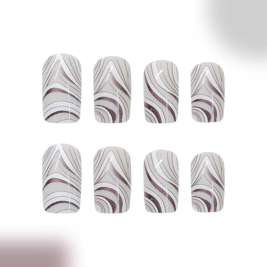 Dreamy Elegance Medium Square White with Swirling Metallic Accent Press On Nail Set