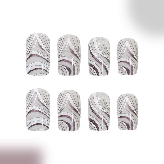 Dreamy Elegance Medium Square White with Swirling Metallic Accent Press On Nail Set