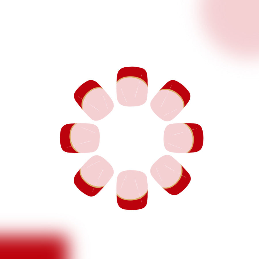 Chic Glamour Classic Square Short Red and Pink Tips with Elegant Gold Accent Press On Nail Set