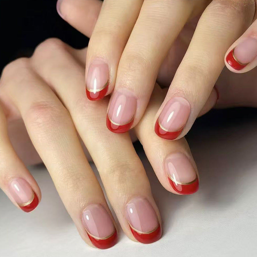 Chic Crimson Dream Elegant Short Round Shaped Glossy Beige Press On Nail Set with Dazzling Gold Tips