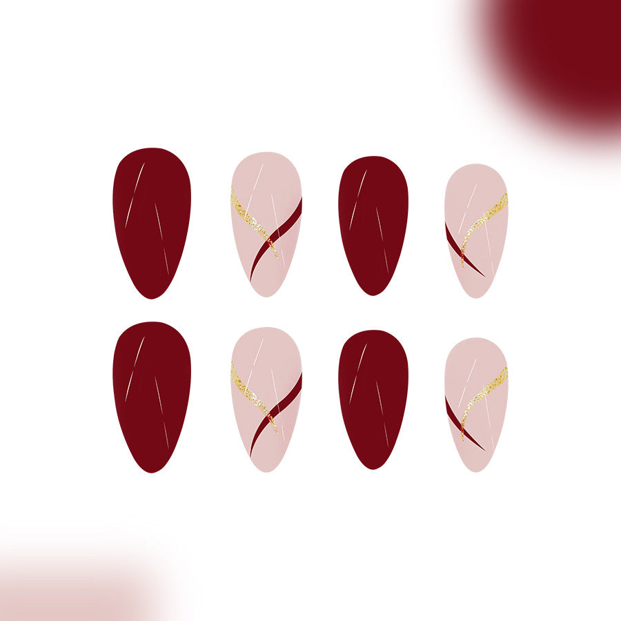 Elegant Evening Charm Short Almond Burgundy and Beige Nail Set with Gold Accent Design