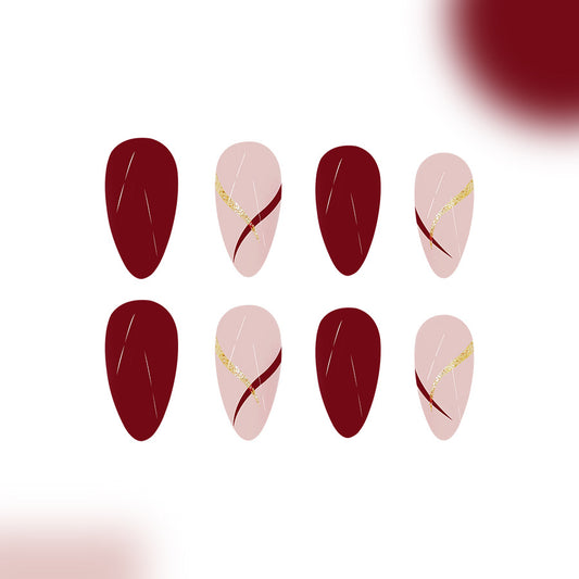 Elegant Evening Charm Short Almond Burgundy and Beige Nail Set with Gold Accent Design