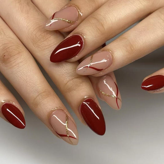 Elegant Autumn Vibes Short Almond Shaped Glossy Burgundy and Beige Nail Set with Gold Accents