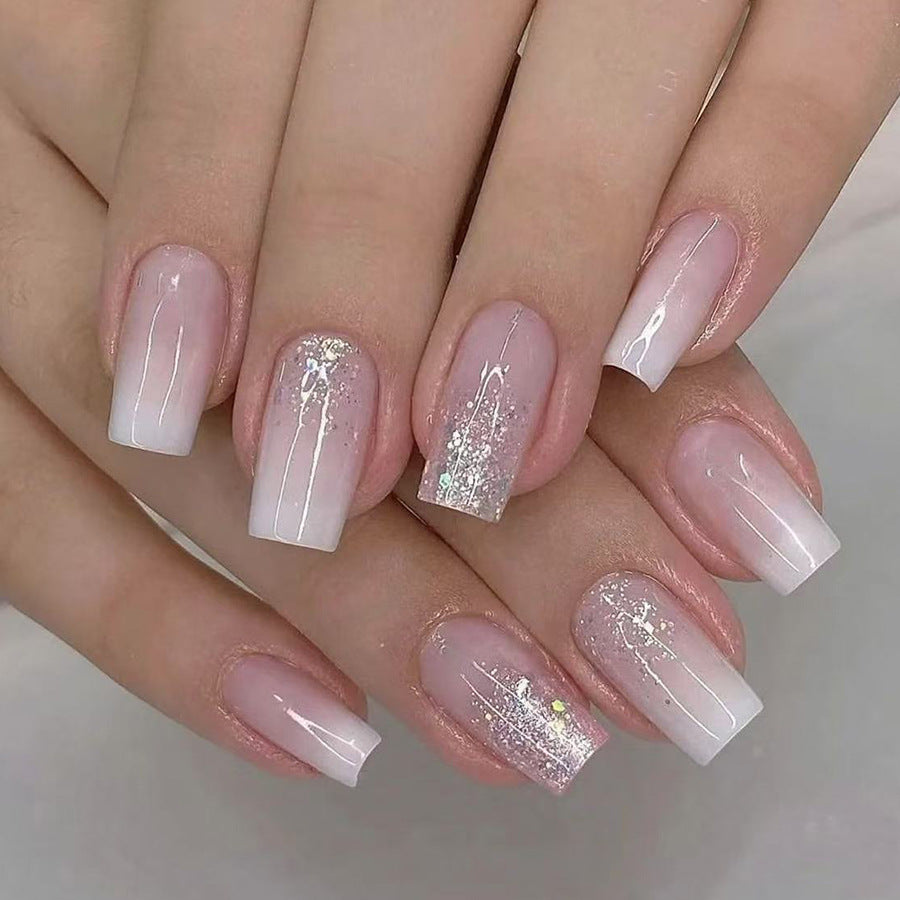 Elegant Enchantment Medium Square Pink Ombre with Glitter Accents Press On Nail Set