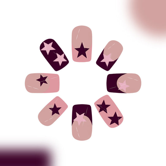 Cosmic Glamour Medium Square Pink and Dark Purple Star Accent Press On Nail Set