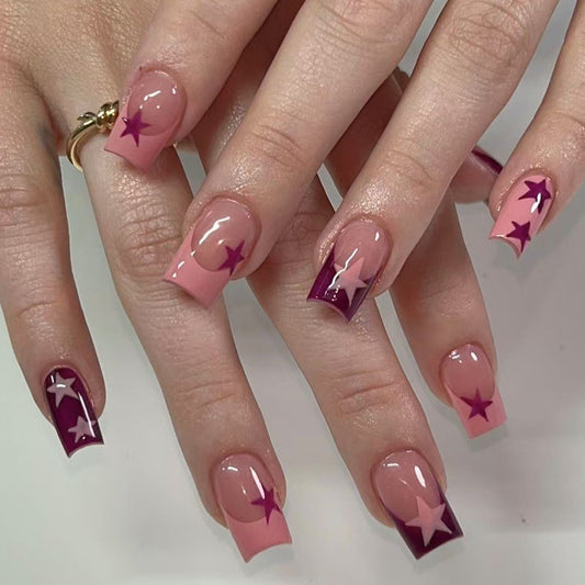 Celestial Dream Press On Nail Set Medium Square Pink and Purple with Star Accents