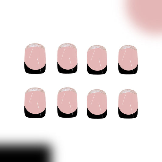 Glamorous Elegance Short Square Blush Pink with Stylish Black Tips and Sparkling Glitter Detail Press on Nail Set