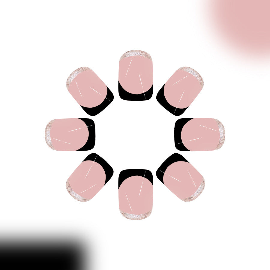 Elegant Sophistication Short Square Soft Pink with Sparkling Black Tips Press-On Nail Set